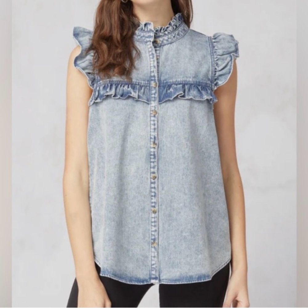 Entro Light Blue Ruffle Denim Blouse